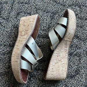 Sam Edelman Raynere Sandals - Cork Wedge Platform Gold Metallic Leather Slide